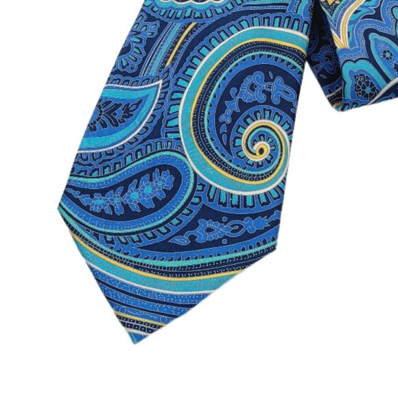 Geoffrey Beene Silk Tie Men’s XL 64.5” Blue Yellow Paisley Whimsical Classic New - Picture 1 of 3